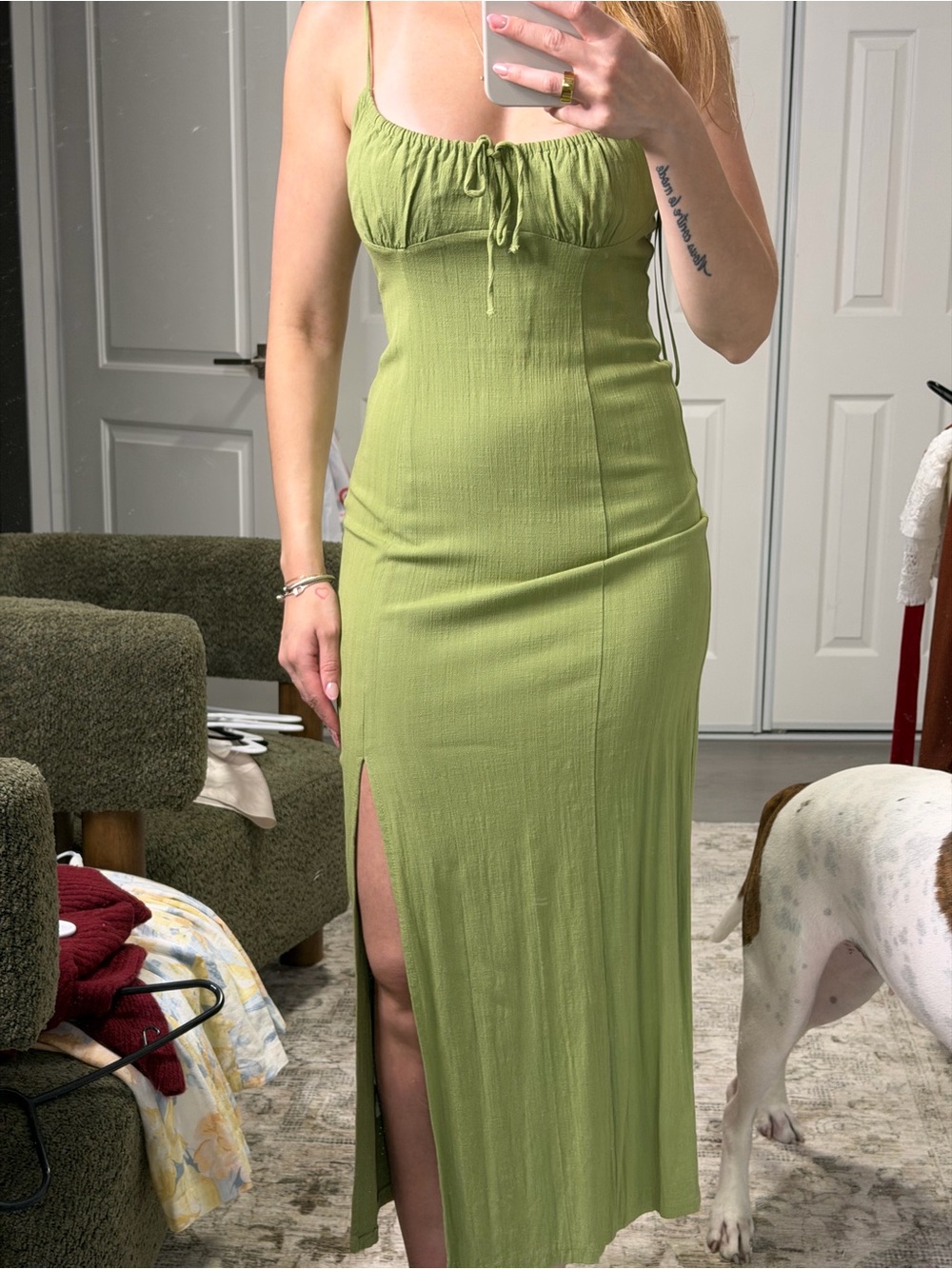 Zara Olive Green Midi Slip Dress with Side Thigh Slit